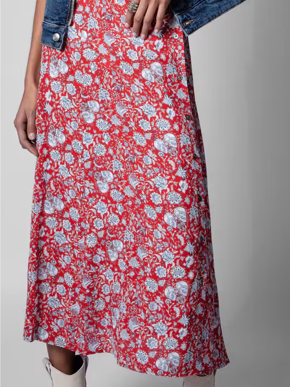 NWOT Zadig & Voltaire Red Floral and Skulls June Midi Skirt